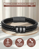 Personalized Braided Leather Bracelets Custom Leather Name Bracelet engraved with 1-6 Names for Men Gifts for Christmas Valentines Fathers Day Birthday Anniversary Boyfriend Grandpa (Black)