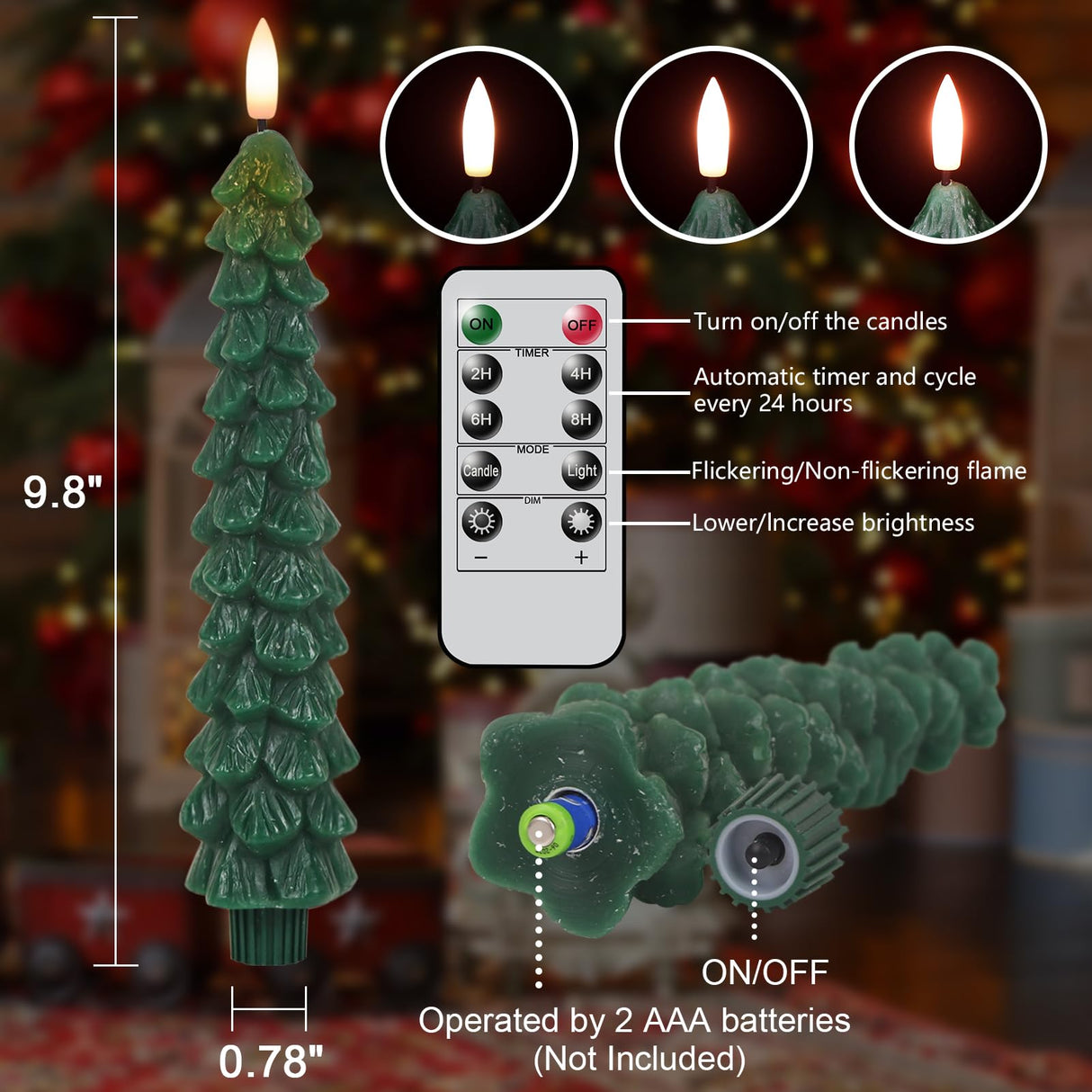 Lasumora Christmas Tree Candles with Remote Timer, 4 Pcs Waxy Flameless Taper Candles Flickering, Battery Operated LED Candlesticks with 3D Flame Wick, Green Window Candle for Christmas Decorations