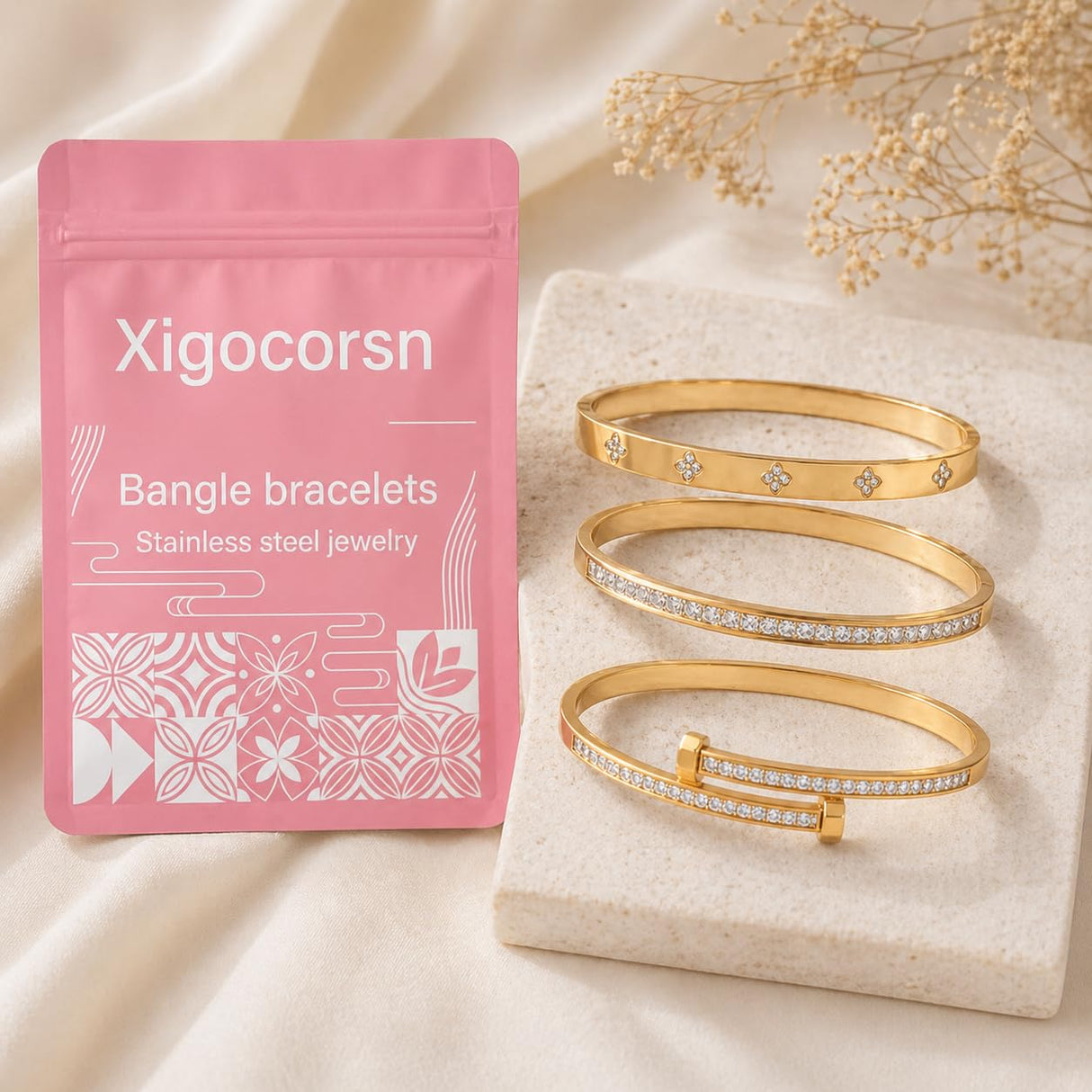 Xigocorsn Gold Bangles Bangle Bracelets Set for Women, genuine gold electroplating 3 Piece Elliptical Design with Cubic Zirconia Accents, 2.36 Inch Diameter, Waterproof Stainless Steel