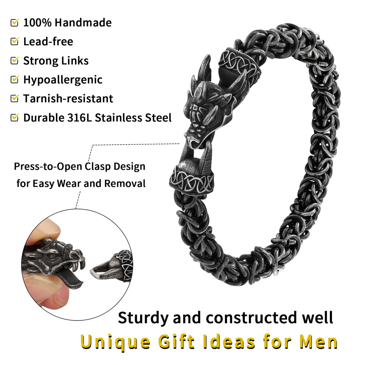 8" Byzantine Black Stainless Steel Norse Vintage Dragon Bracelets for Men