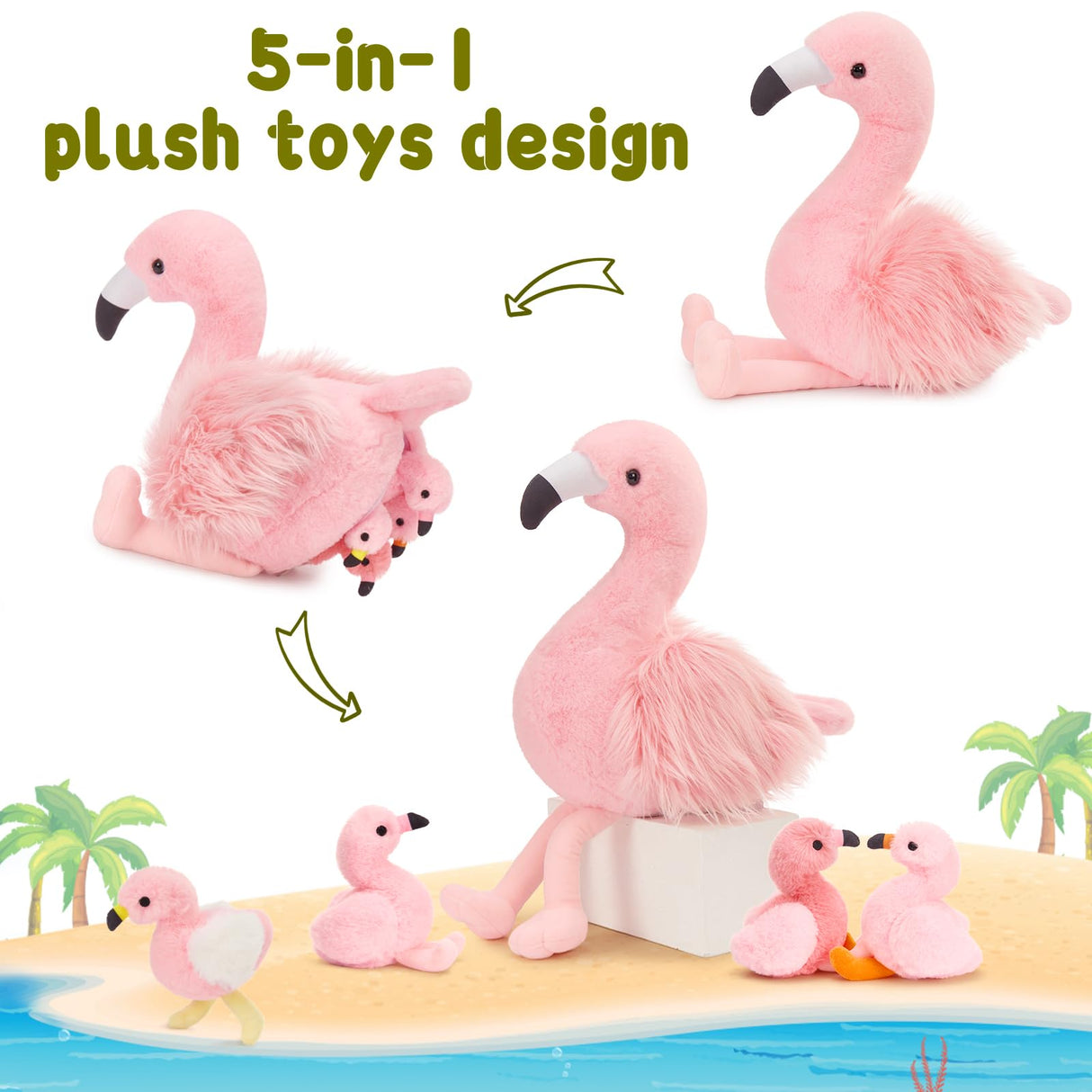 MorisMos Plush Flamingo Stuffed Animals-18in Mommy Stuffed Flamingo with 4 Baby Bird Toys for Girls Boys,Pink Bird Stuffed Animal Gift for Kids Women Birthday Decor Baby Shower Christmas