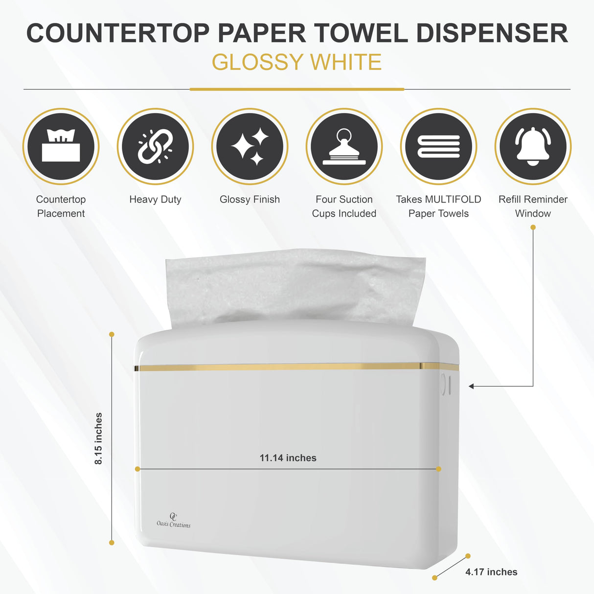 Countertop Multifold Hand Paper Towel Dispenser by Oasis Creations, Single Sheet Dispensing – Glossy White