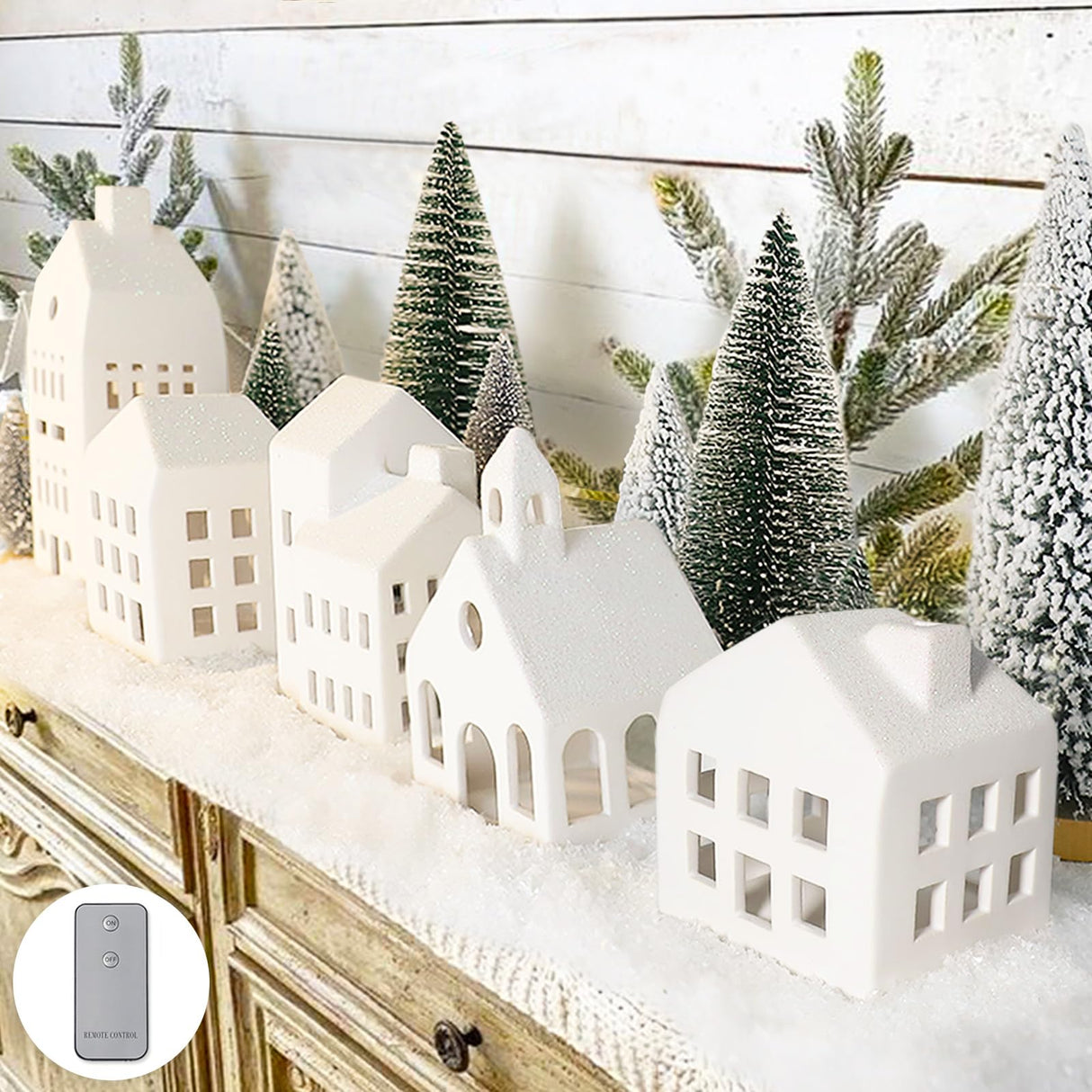 Christmas Decorations - Christmas Village Sets of 5 Lighted Ceramic Houses with Remote Control & 9 Trees - Indoor White Xmas Holiday Rustic Unique Decor for Home Table Room Farmhouse Decoration