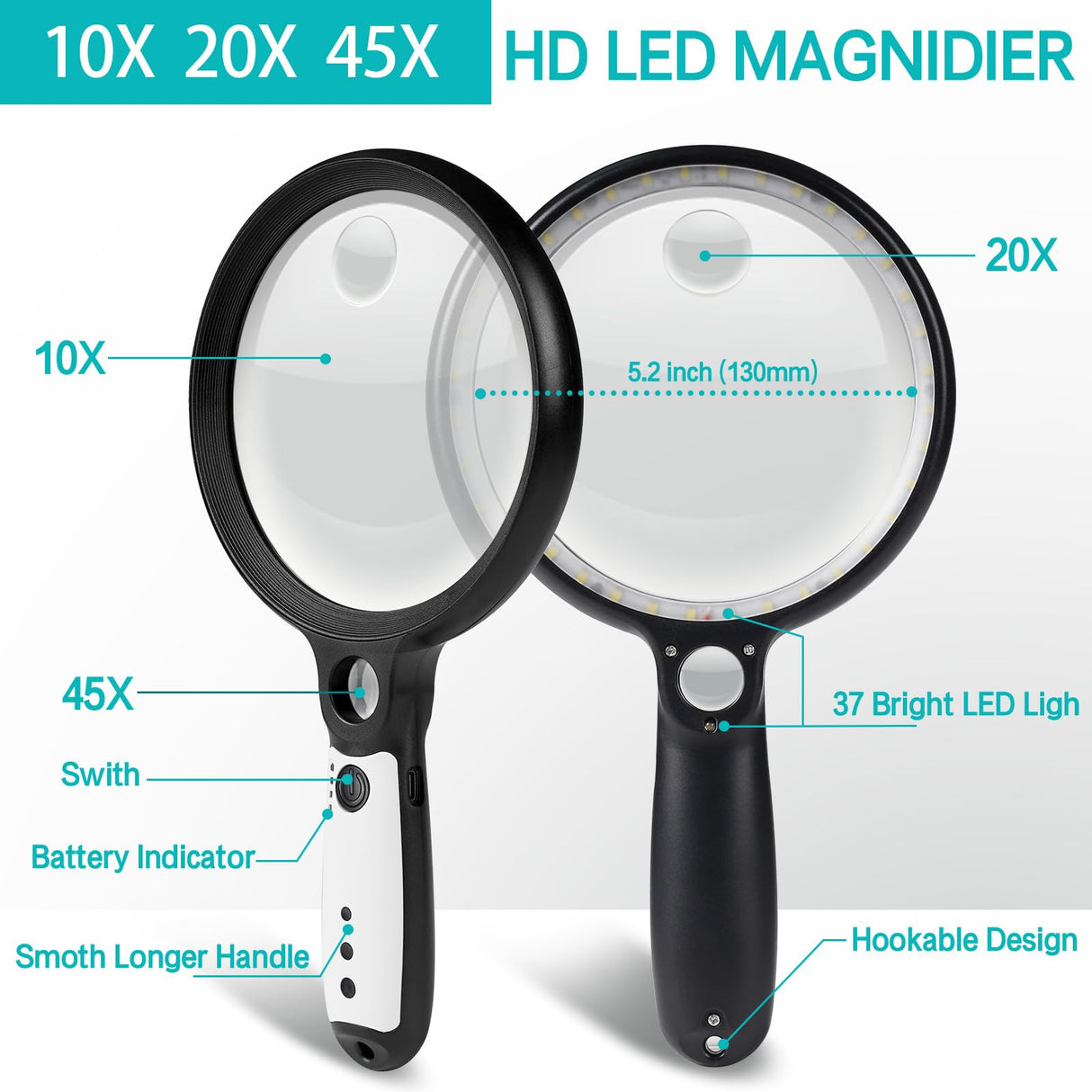 Large Magnifying Glass with 37 LED Light, 10X 20X 45X Handheld Illuminated Lighted Magnifier with 3 Light Modes Rechargeable Magnifying Glass for Seniors Reading, Inspection (Black & White)