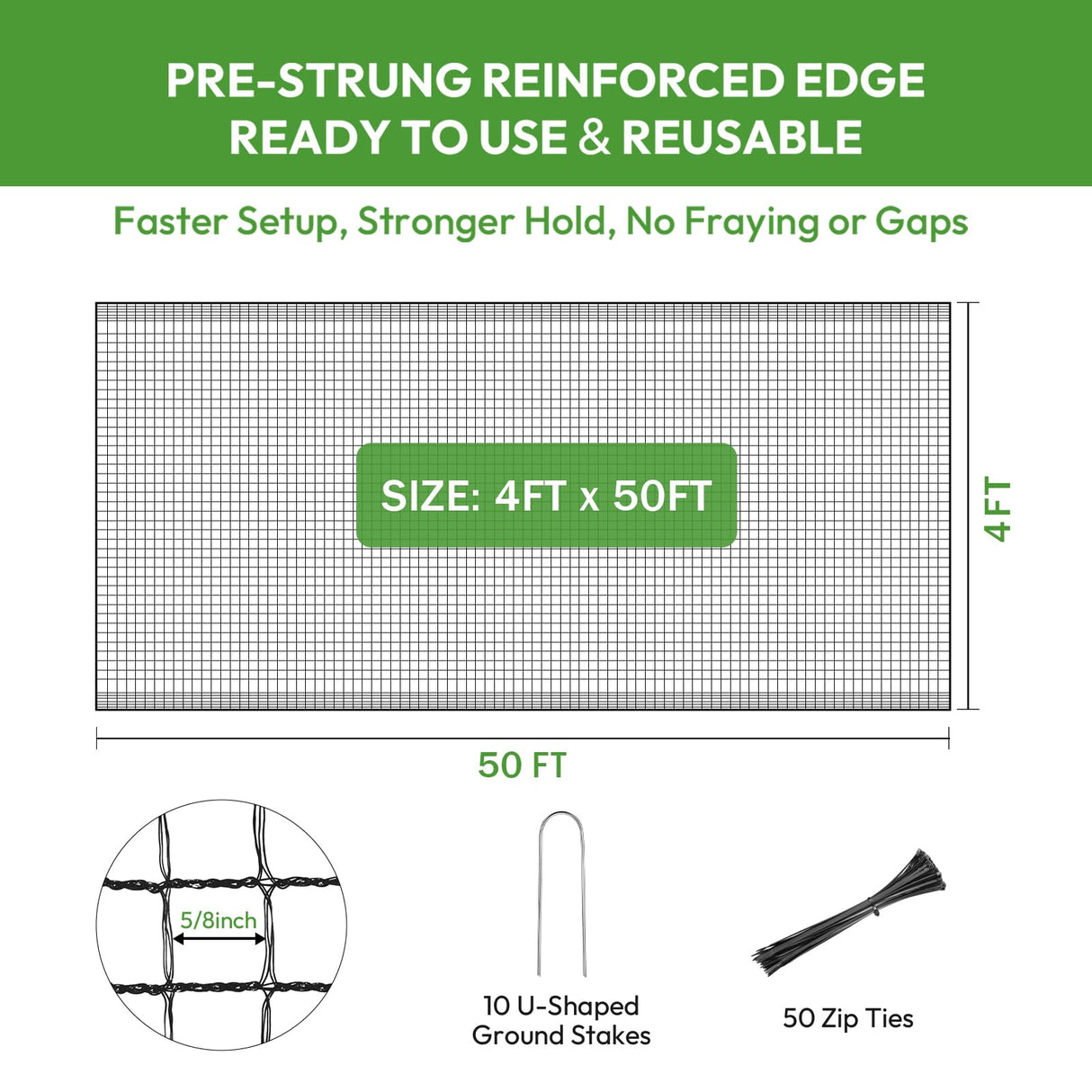 Deer Fence for Garden 4ftx50ft, Plastic Mesh Garden Fencing with Pre-Strung Reinforced Edge, Durable Temporary Fencing, Animal Barrier Fence, Ideal Safe Netting for Poultry, Fruit & Plant Protection
