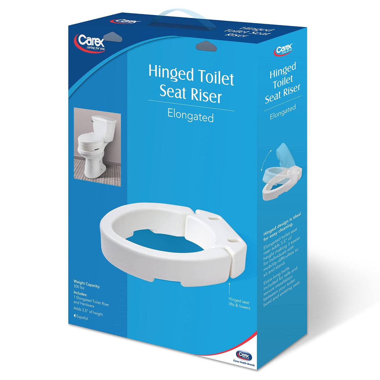 Carex Elongated Hinged Toilet Seat Riser, Adds 3.5 Inches of Height to Toilet, 300 Pound Weight Capacity, Raised Toilet Seat