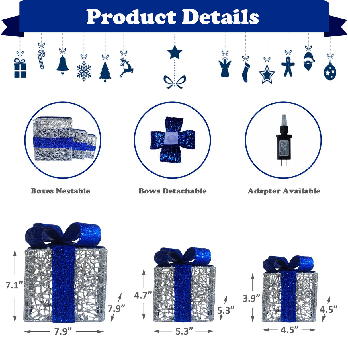 Lighted Gift Boxes Set of 3, Silver Boxes with Bow, Prelit 60 White Lights Present Box Lighted Display with Plug for Home Porch Outdoor Yard Christmas Decorations-Blue