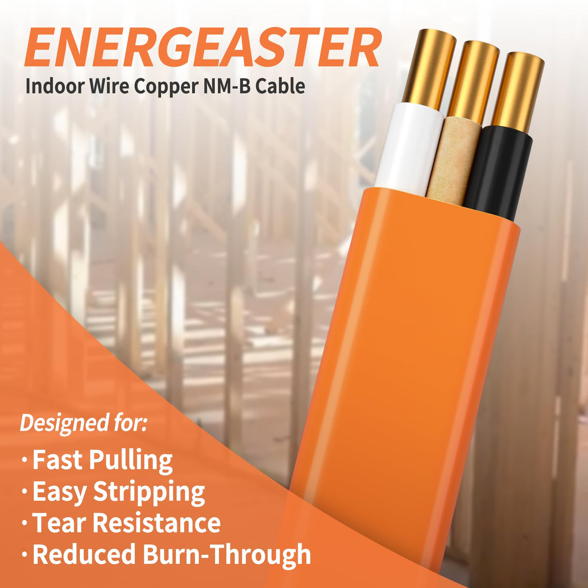 Energeaster 10/2 NM-B Wire,with Ground Indoor Electrical Copper Wire，10 Gauge Wire 2 Conductor Non-Metallic Sheathed Copper Cable(25FT Orange)