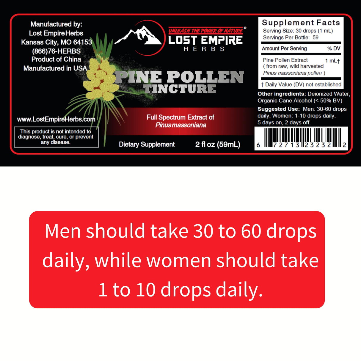 Lost Empire Herbs Pine Pollen Tincture Pine Pollen Liquid Extract for Testosterone - Alcohol Tincture is Superior for Better Absorption, 3rd Party Lab Tested (2 Ounce)