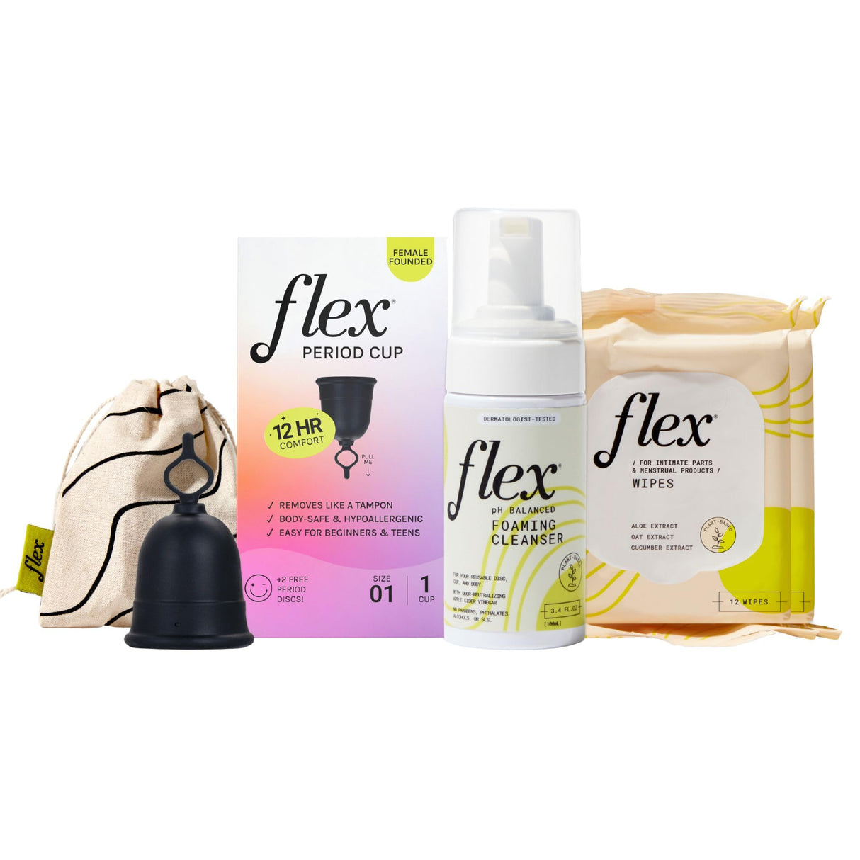 Flex Cup Starter Bundle with Cup Size 1, Foaming Cleanser, and 2-Packs of Wipes (Flex Cup Starter Bundle, Size 01)
