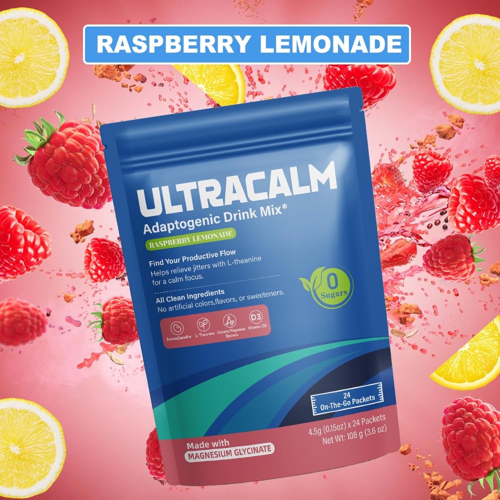 UltraCalm Super Cortisol Drink – Calm Magnesium Glycinate Powder – 30 Servings – L-theanine, Ashwagandha, Vitamin D – No Sugar – Raspberry Lemonade – Electrolytes Powder