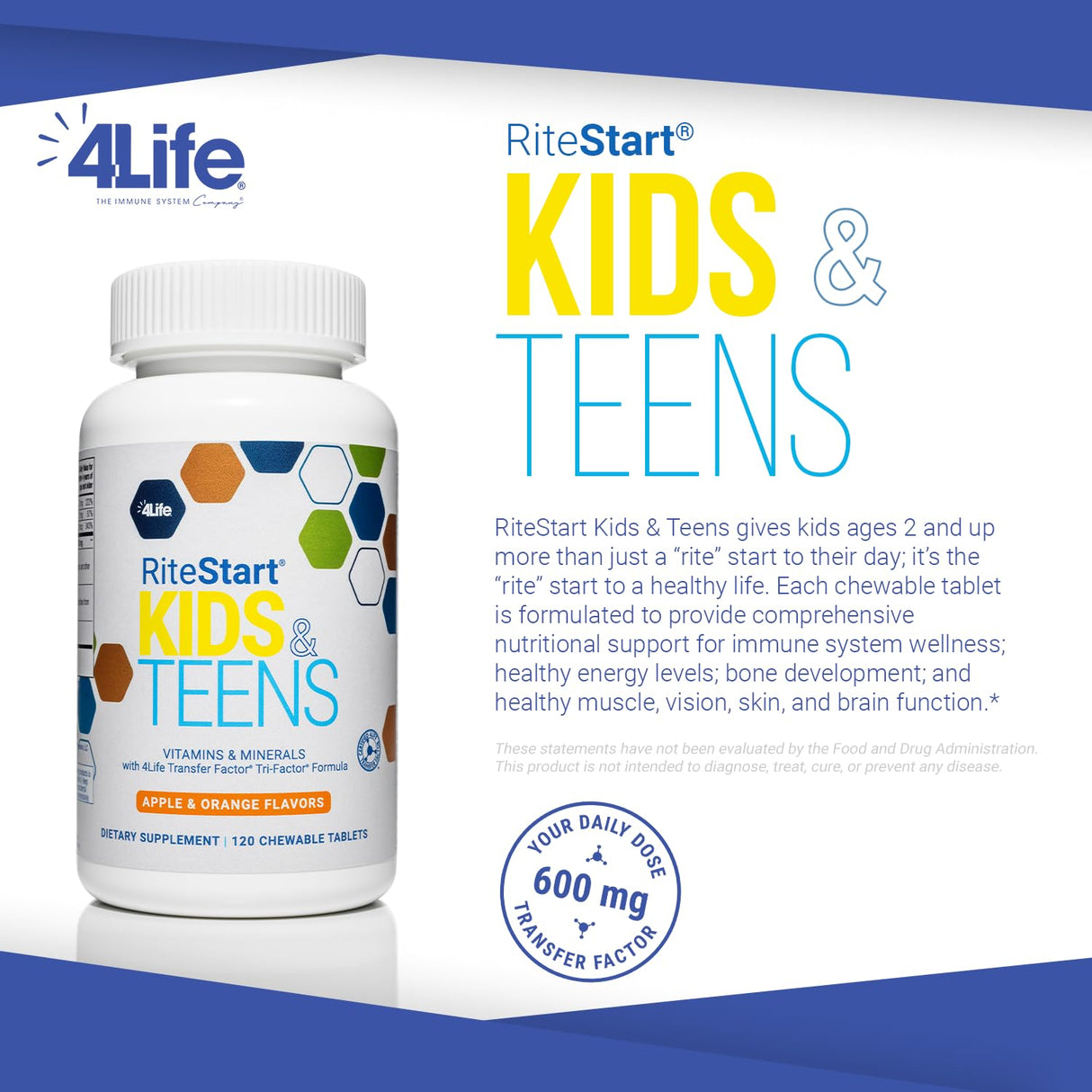 4Life RiteStart Kids and Teens- Apple, Orange Flavors, 22 Essential Vitamins, Minerals, Immune System and Brain Support Ages 2+ - 120 Chewable Tablets