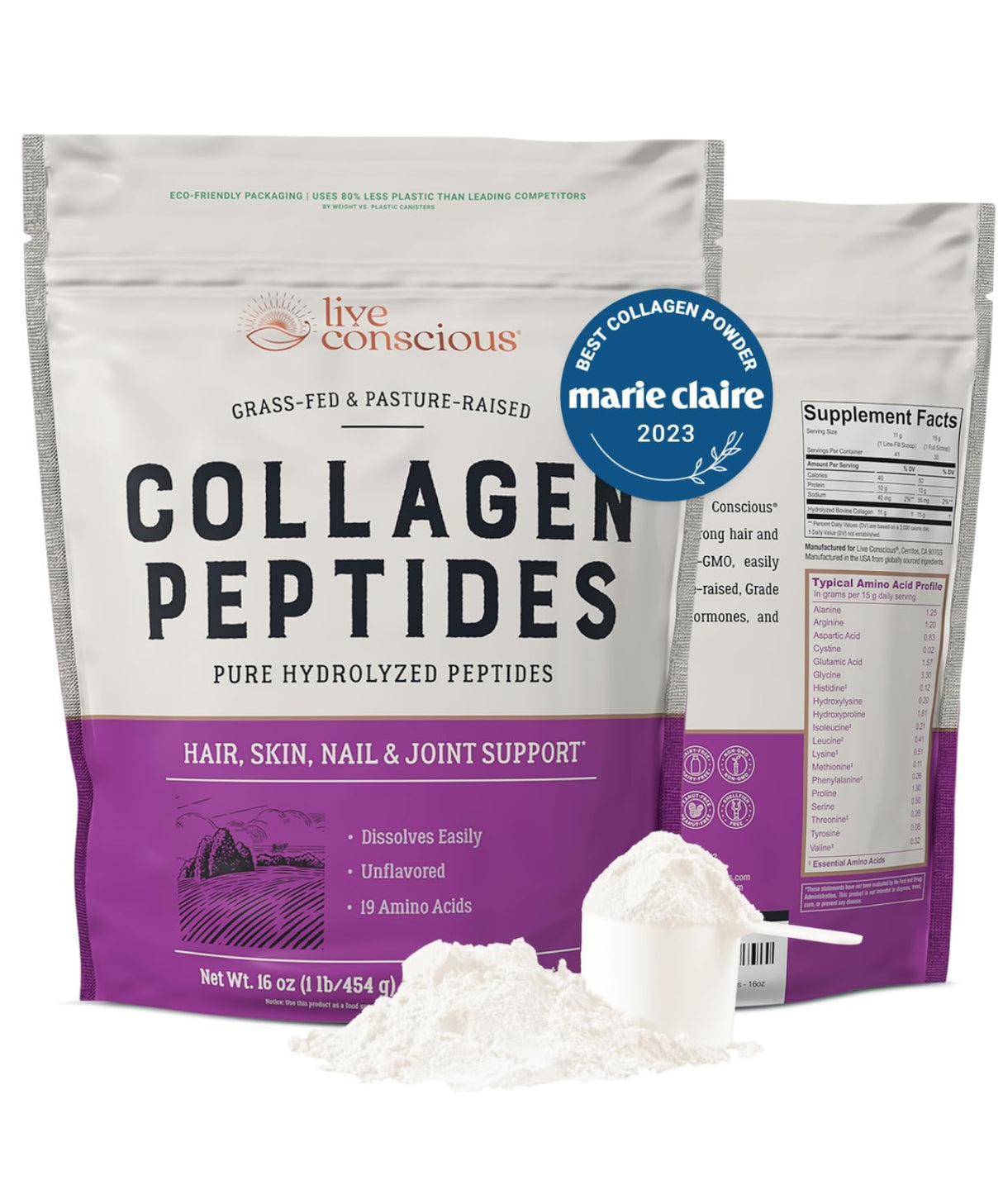 Live Conscious Collagen Peptides Powder - Hair, Skin, Nail, and Joint Support - Type I & III Collagen - Naturally-Sourced Hydrolyzed Protein - 16oz (2-Pack)