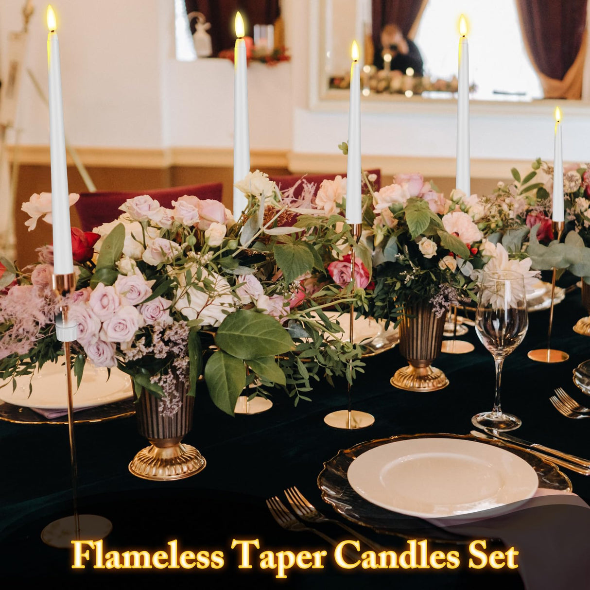Rossesay 24 Pcs Flameless LED Taper Candles Battery Operated Candles 8.58'', 9.69'', 10.98'', 12.91'', 12.8'' Flameless Candlesticks Flickering for Halloween Christmas Church Wedding(White)