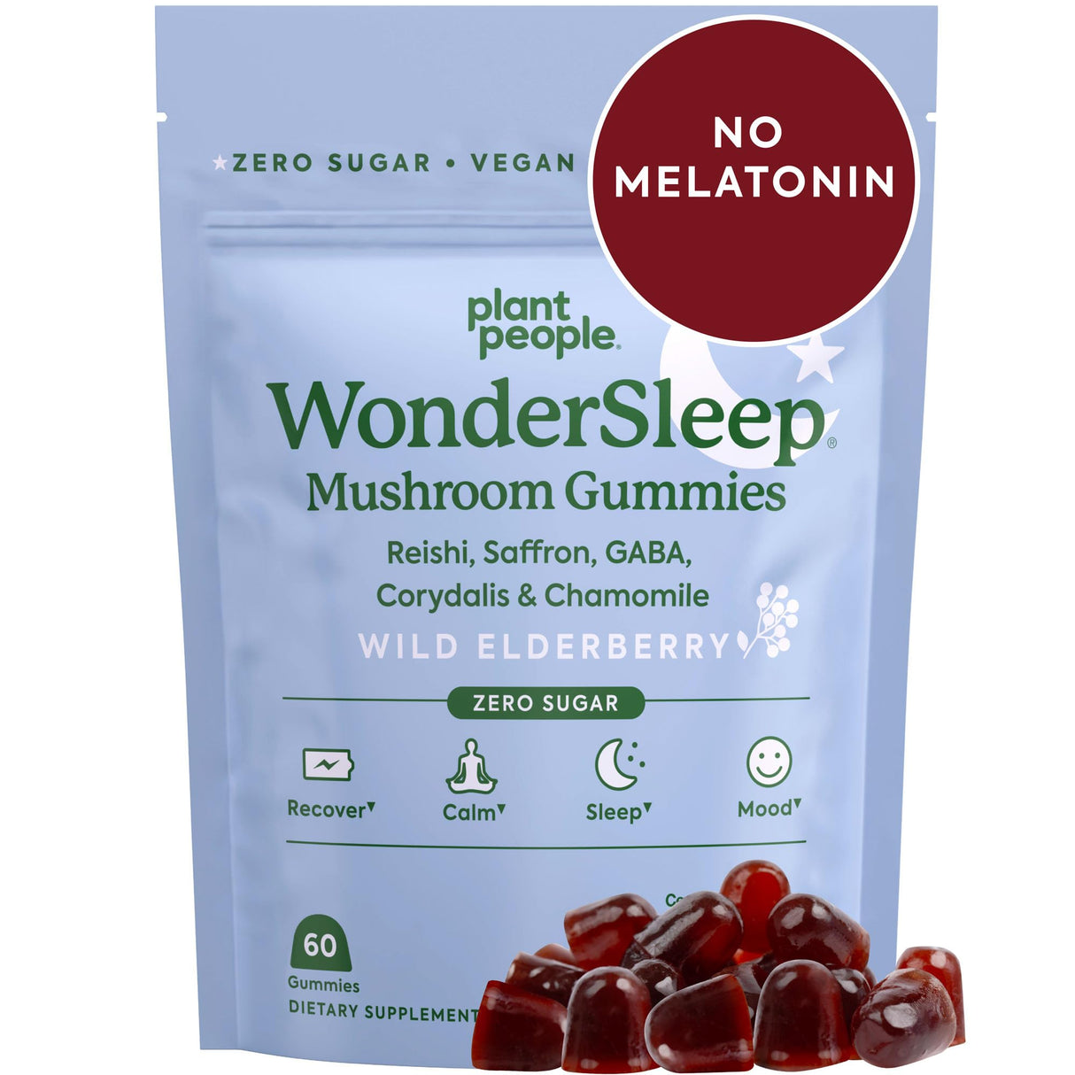Plant People WonderSleep Mushroom Gummies Supplement for Sleep and Relaxation with Reishi Super Mushrooms, Wild Elderberry Flavor, No Sugar (60 Count)