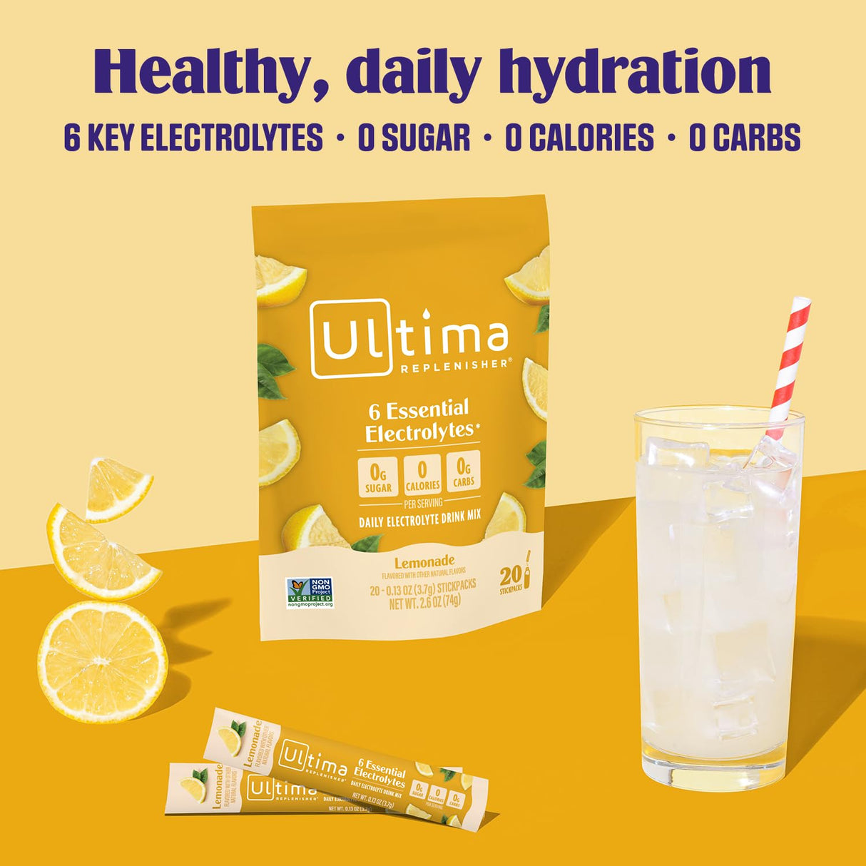 Ultima Replenisher Daily Electrolyte Powder Drink Mix – Sugar Free – Lemonade, 20 Stickpacks – Hydration Packets with 6 Key Electrolytes and Trace Minerals – Keto Friendly, Vegan, Non-GMO