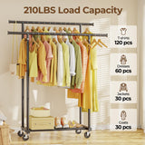 HYSEYY Double Rods Clothes Rack, Rolling Clothing Rack for Hanging Clothes Portable Wardrobe, Metal Garment Rack Sturdy Coat Rack for Bedroom Laundry Living Room, Black