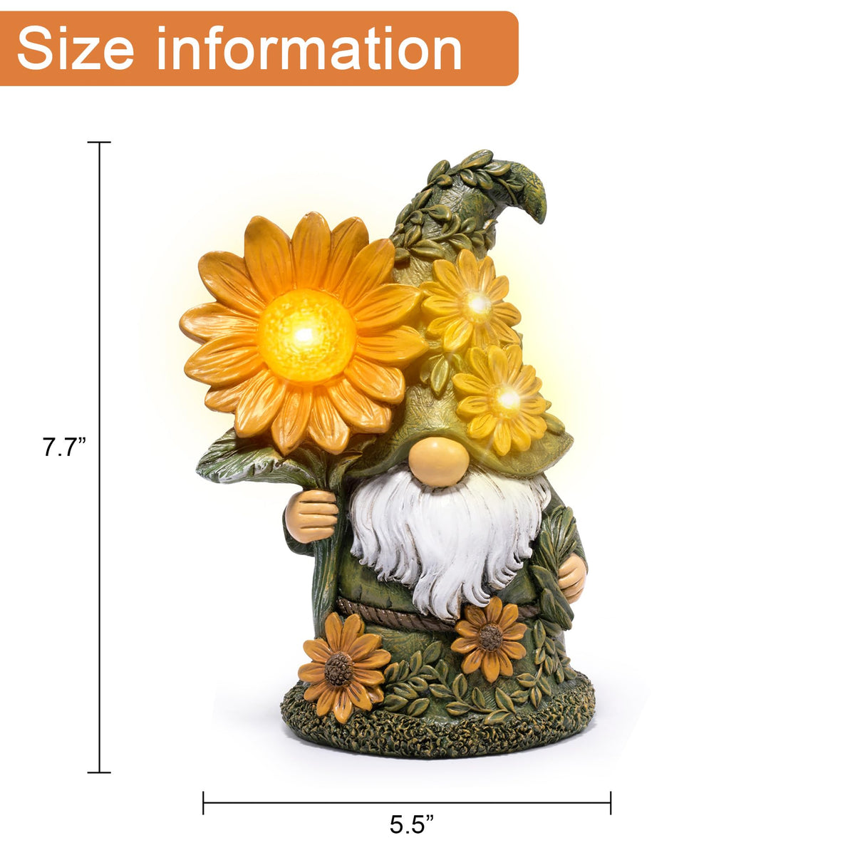 basen Solar Garden Gnome with Glowing Daisy Flower, Outdoor Solar Gnome Figurine for Yard Lawn Patio, Hand-Painted Resin Garden Statue Decor with LED Light for Landscape, Garden Gift for Mom Grandma