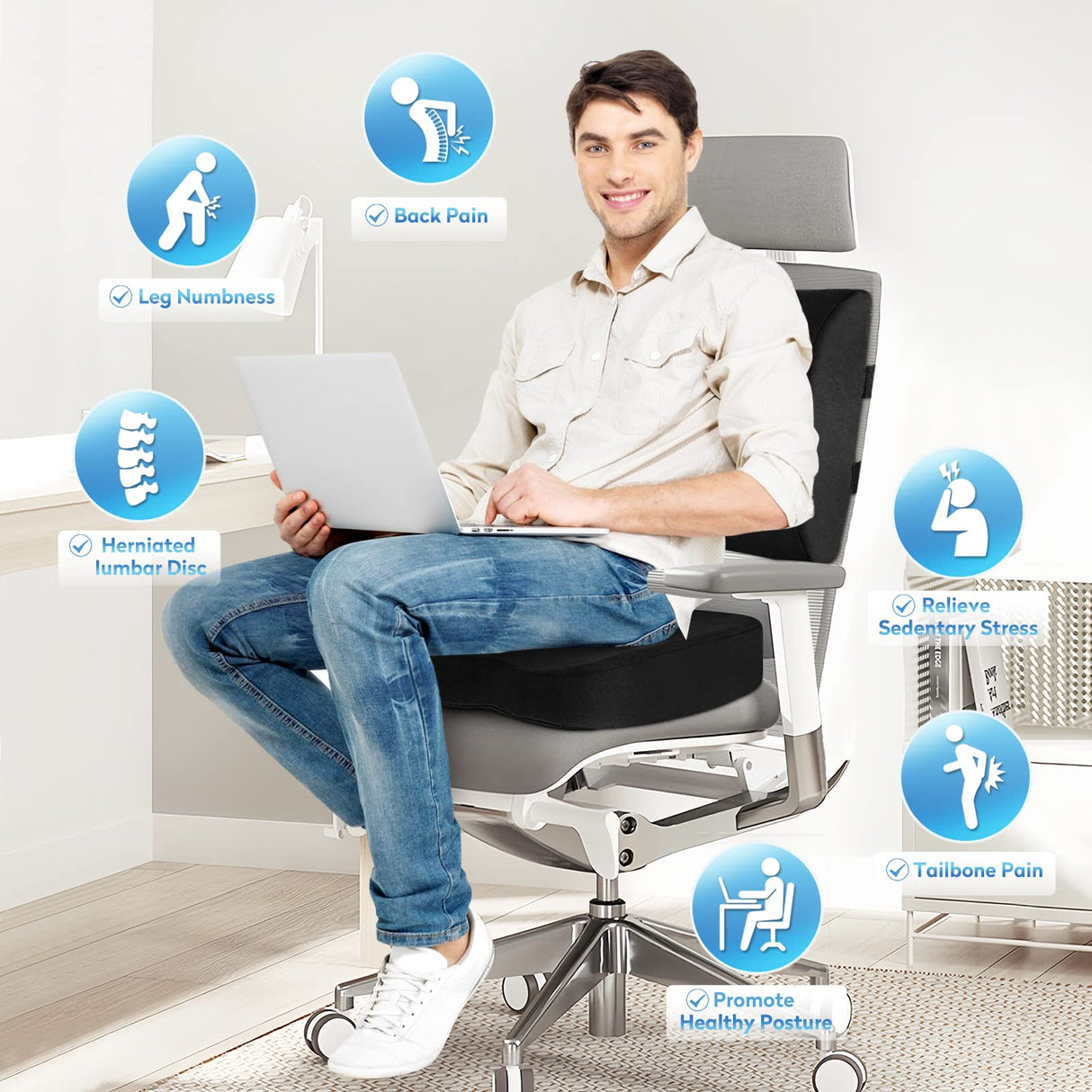 CloudBliss Seat Cushion,Office Chair Cushion,Car Seat Cushions,Lumbar Support Pillow for Office Chair,Back Support Memory Foam Pillow Coccyx Cushions for Tailbone Pain,Sciatica Back Pain Relief Black