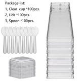 Toowood 100pcs Clear Dessert Cups with Lids and Spoons, 5.4oz Mini Dessert Cups Reusable Square Parfait Cup for Party Appertizer, Christmas