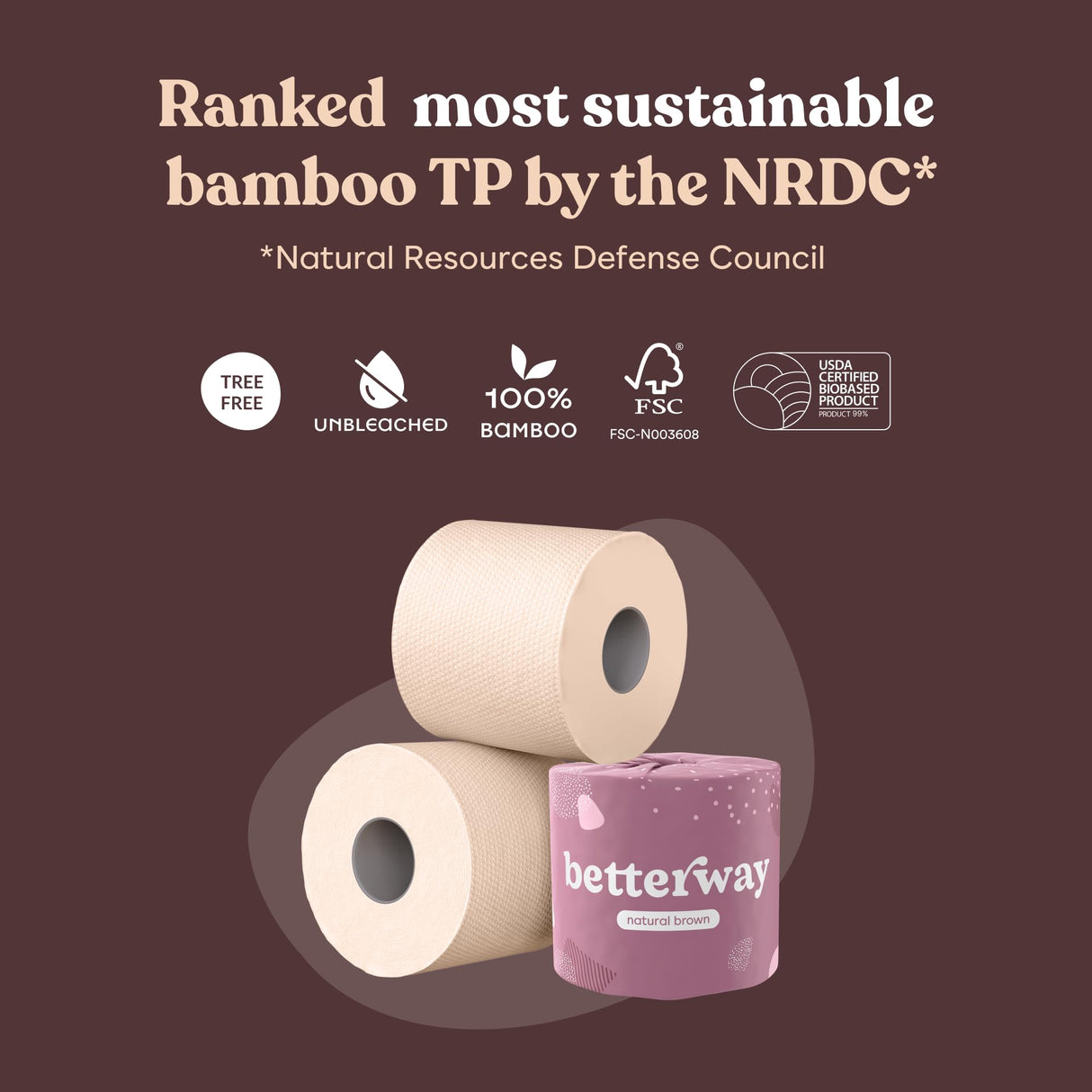 Betterway Unbleached Bamboo Toilet Paper Rolls - Eco-Friendly 3 Ply Toilet Tissue - 12 Long-Lasting Rolls - 360 Sheets/Roll - Organic, FSC Certified, Septic Safe TP - Lint-Free, PFAS-Free Bath Tissue