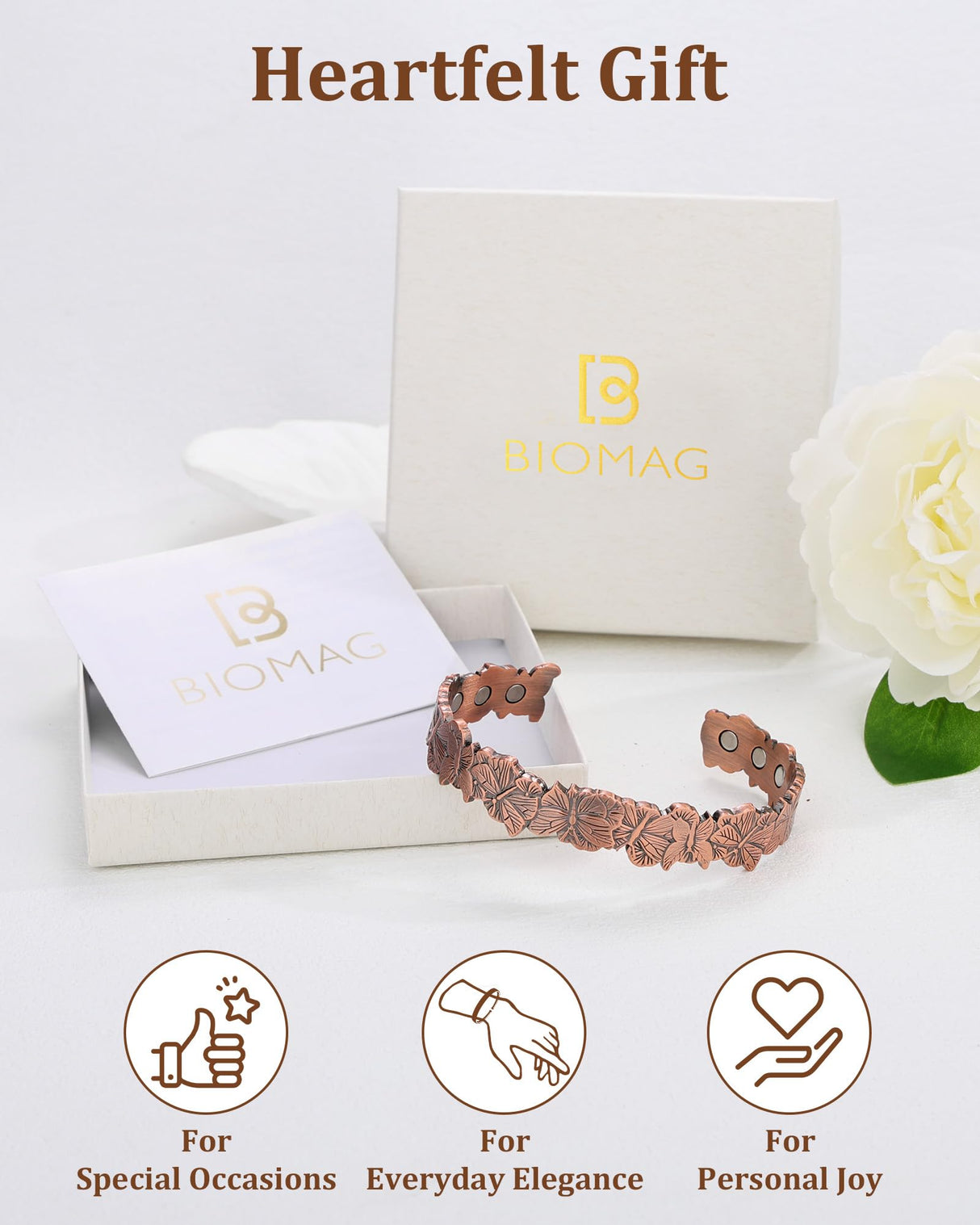 BioMag Magnetic Copper Bracelet for Women Men, 99.99% Pure Copper Cuff Bangle with 6 Pcs 3500 Gauss Magnets, Adjustable Jewerly Gift