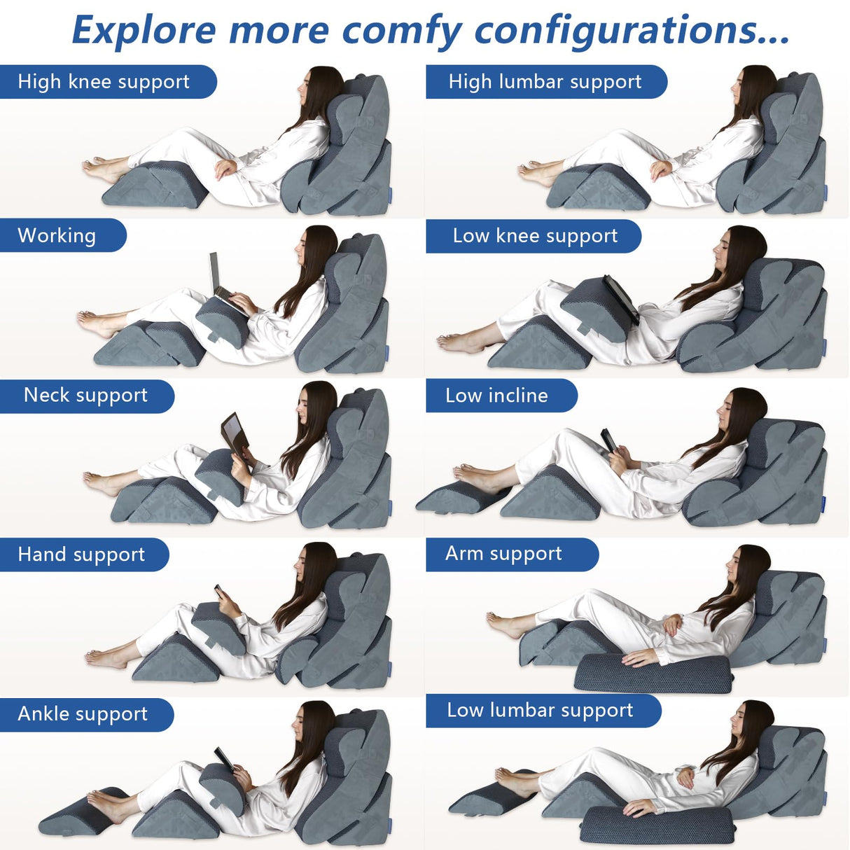 KingPavonini 6PCS Orthopedic Bed Wedge Pillow for Sleeping, Post Surgery Memory Foam for Back, Neck, Leg Support, Acid Reflux, Gerd with Travel Bag (Gray, 20'')