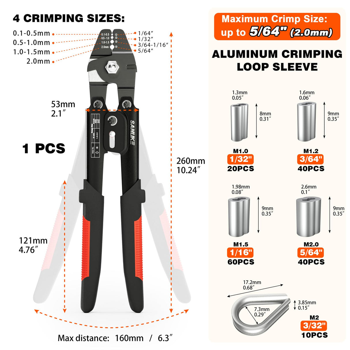 Sanuke Wire Rope Crimping Tool for 3/64 1/16 5/64 inch Aluminum Crimping Loop Sleeves Kit with 160pcs Aluminum Crimping Loop Sleeve and 10pcs Stainless Steel Thimble