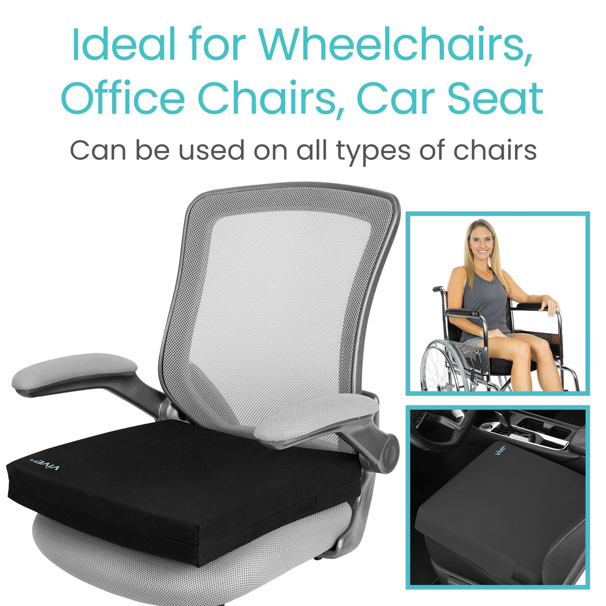 Vive Wheelchair Cushion - Wheel Chair Cushions for Senior, Pressure Relief - Wheelchair Pad, Wheelchair Seat Cushion, Foam for Office Chairs, Car, Lightweight, Portable, Easy to Clean (3")