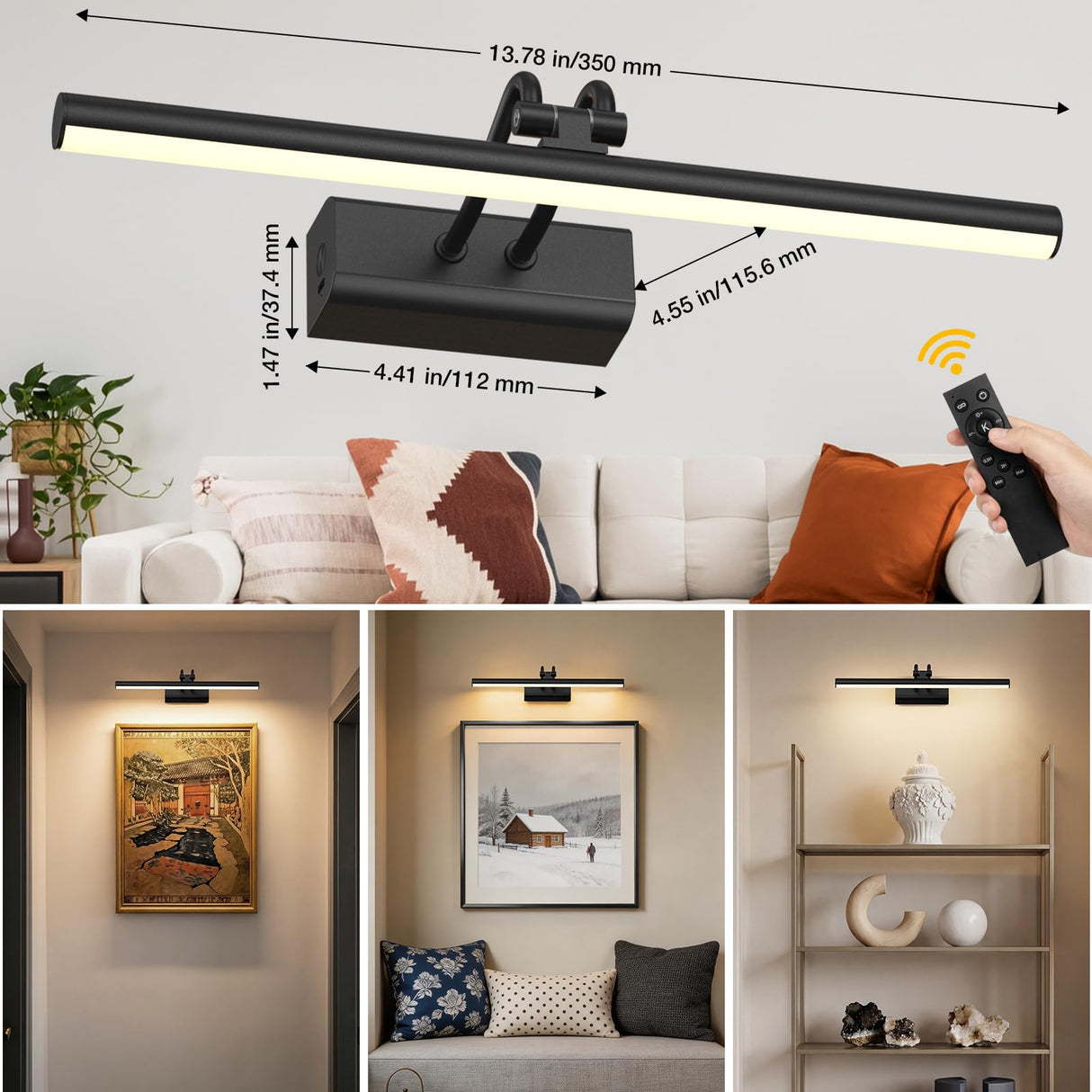 Percantis Battery Operated Picture Light for Wall, Wall Light for Living Room, 4000 mAh, 13.8'' Dimmable Art Painting Light, Remote Control, Black, Display for Gallery, Living Room, Bedroom(Black)
