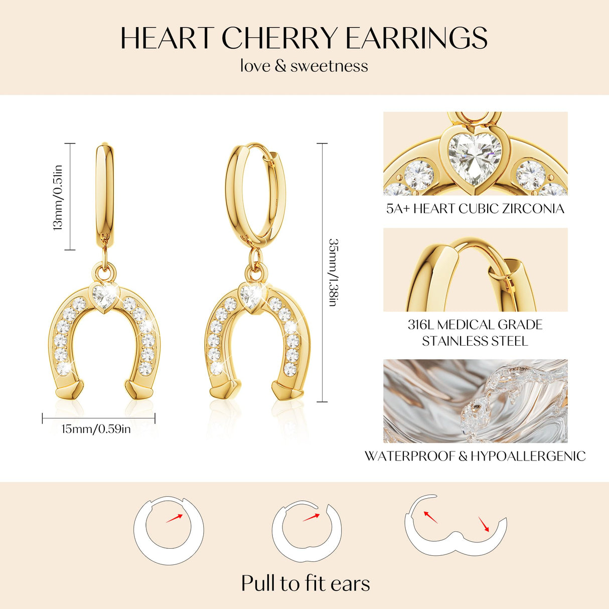 Gold Dangle Earrings for Women,Horseshoe Hoop Huggie Earrings with Heart Cubic Zirconia Hypoallergenic Lightweight Dangling Earrings Lucky Jewelry Gifts Perfect for Christmas,Birthday,Anniversary