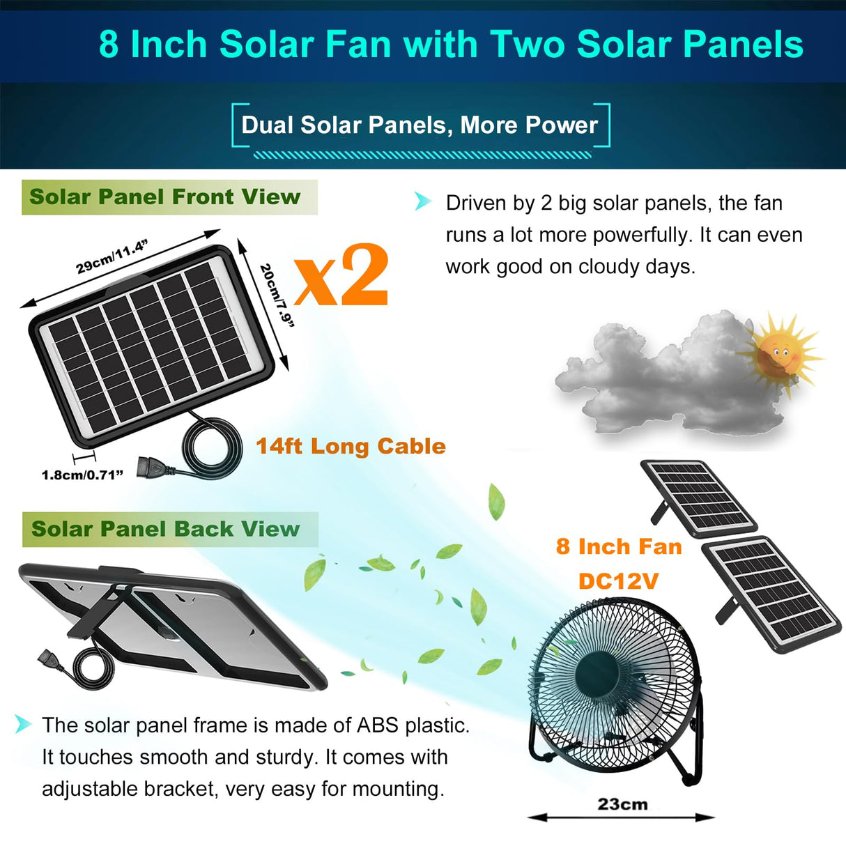 DELUMEE Solar Powered Fan, 8 Inch Install-Free with 25W Dual Solar Panels, Cloudy Days Working Solar Fan for Air Circulation and Cooling in Greenhouse, Chicken Coop, Pet House, Attic, 14ft Long Cable