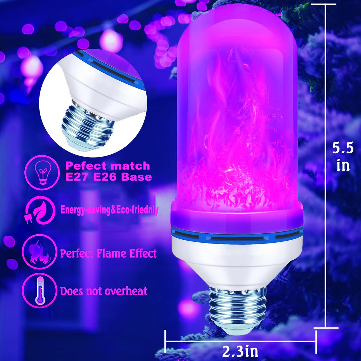 Upgraded LED Purple Flame Light Bulbs, 4-Mode Flickering Light Bulbs with Gravity Sensor, E26 Fire Light Bulb for Porch Party Patio Home Halloween Christmas Indoor Outdoor (Purple, 4)