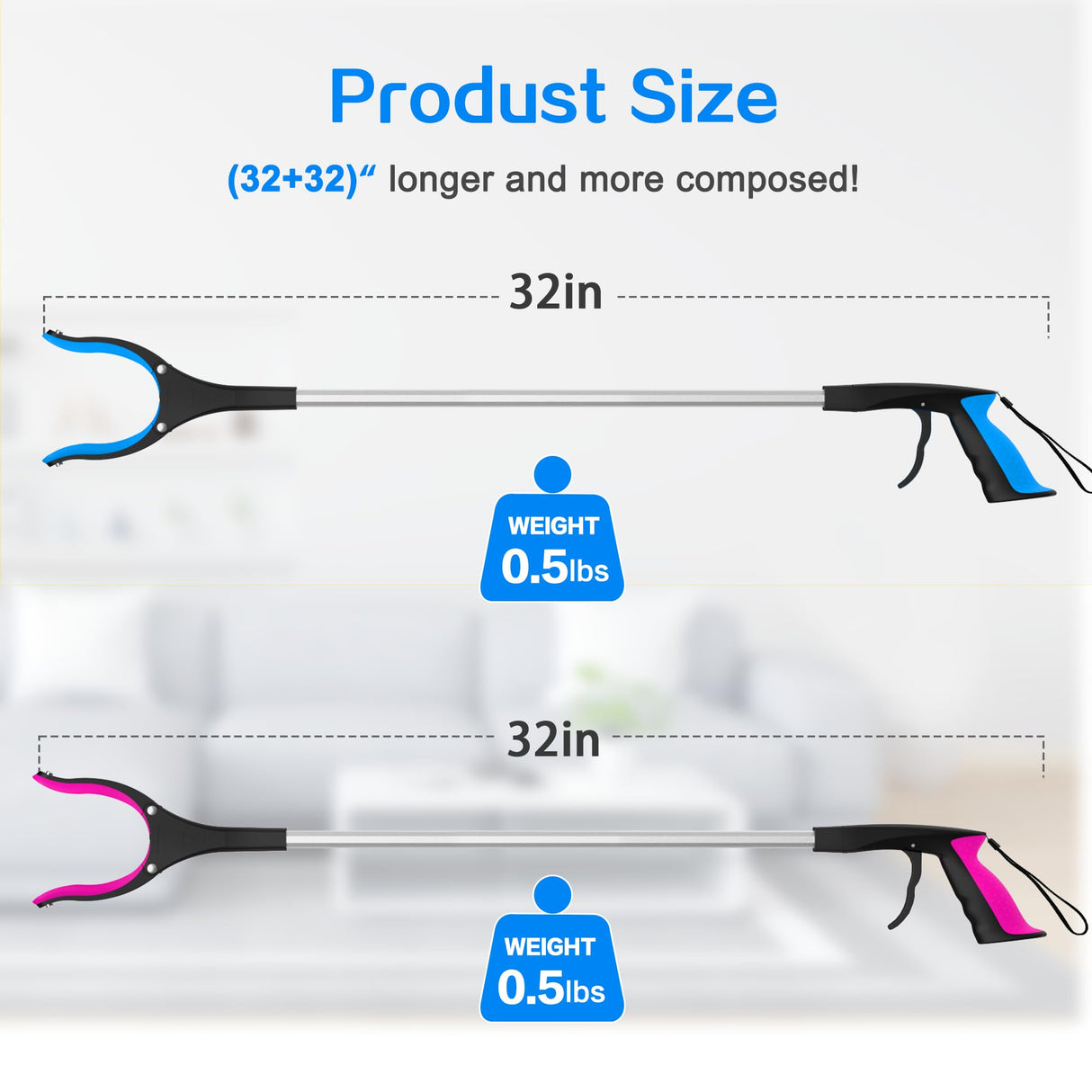 2-Pack Non-Folding Heavy Duty Grabber Pro | 32" Extra-Long Lightweight (0.65lbs) Magnetic Reacher Tool with 360° Claw, Anti-Slip Grip for Garage/Seniors/Contractors‌