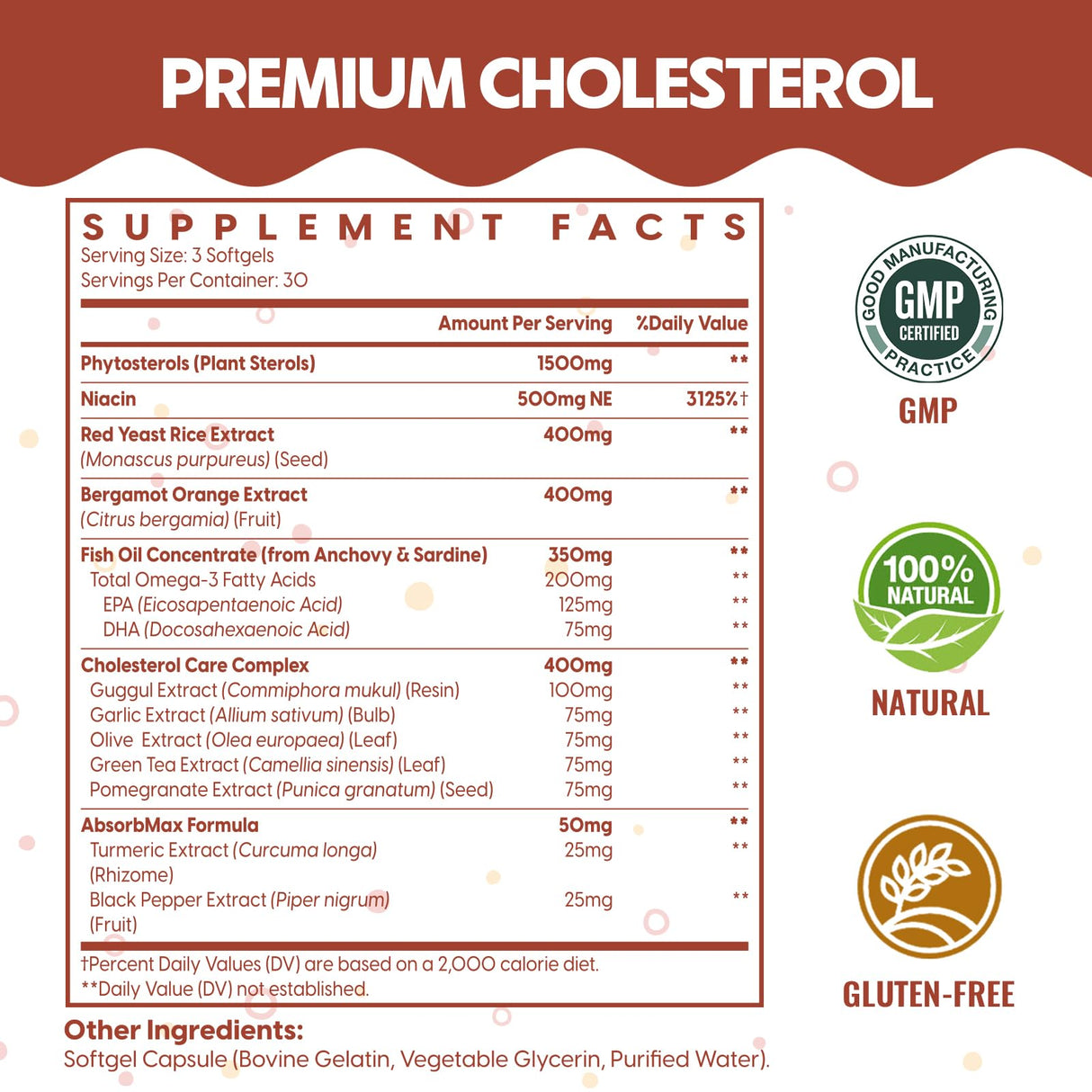 Cholesterol Supplements with Plant Sterols, Niacin, Red Yeast Rice, Citrus Bergamot, Garlic, Cholesterol Supplement Support Normal Cholesterol Levels, 90 Softgels