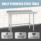 Hally Open Base Stainless Steel Table 24 x 48 Inches, NSF Commercial Heavy Duty Prep & Work Table with Backplash and Galvanized Legs for Restaurant, Home and Hotel