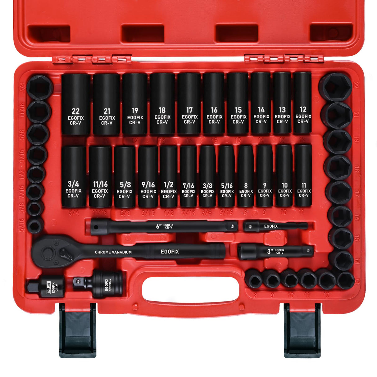 EGOFIX 3/8" Drive Impact Socket Set, 50 Piece Standard SAE (5/16 to 3/4 inch) and Metric (8-22mm) 6 Point, with Adjustable Ratchet Handle, Extension Bars, Impact Universal Joint, Adapter, Cr-V Steel