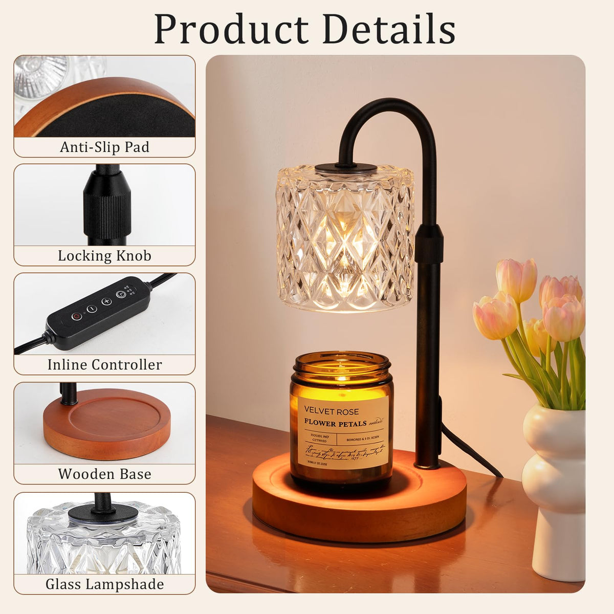 Walnut Candle Warmer Lamp with Timer, Birthday Gifts for Women, Room Decor