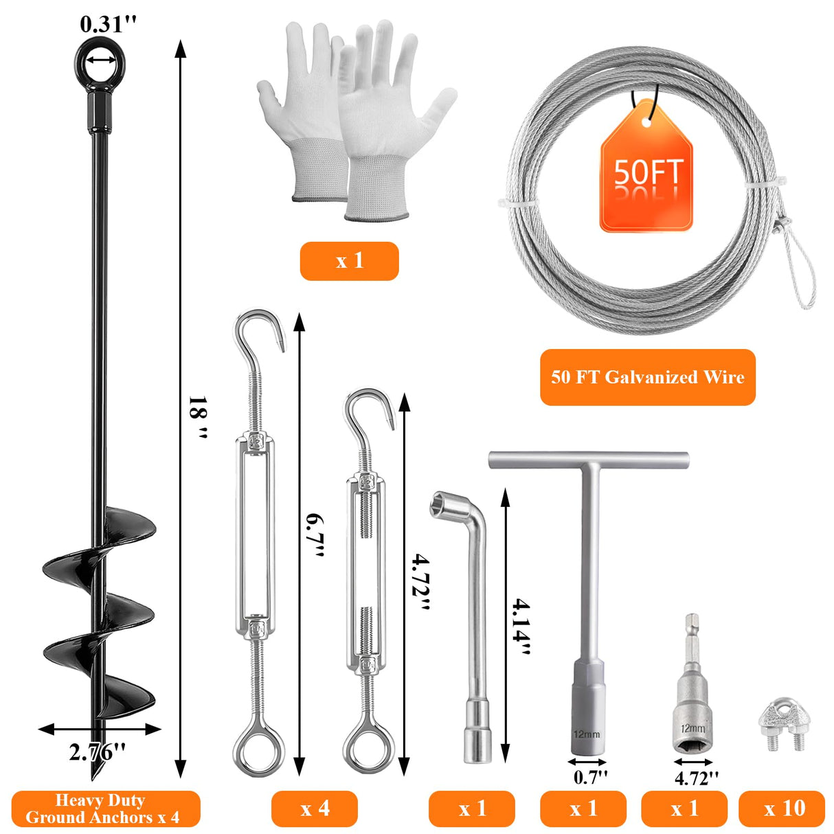 Fabulas 4 Pack 18" Ground Anchors Shed Anchor Kit with 50ft Galvanized Cable & 4 Pack Turnbuckles, Heavy Duty Ground Anchor Screw in Spiral Auger Earth Stakes for Shed Trampoline Swing Set Mobile Home