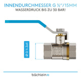 Bächlein Universal Ball Valve - Brass Ball Valve with Lever Handle and 1/2 Inch Female Thread on Both Sides - Full Bore Shut-Off Valve