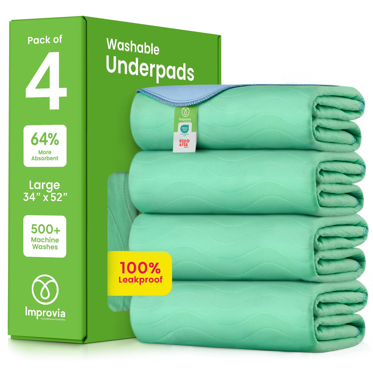 IMPROVIA® Washable Underpads, 34" x 52" (Pack of 4) - Heavy Absorbency Reusable Incontinence Pads for Kids, Adults, Elderly, and Pets - Waterproof Protective Pad for Bed, Couch, Sofa, Furniture, Floor
