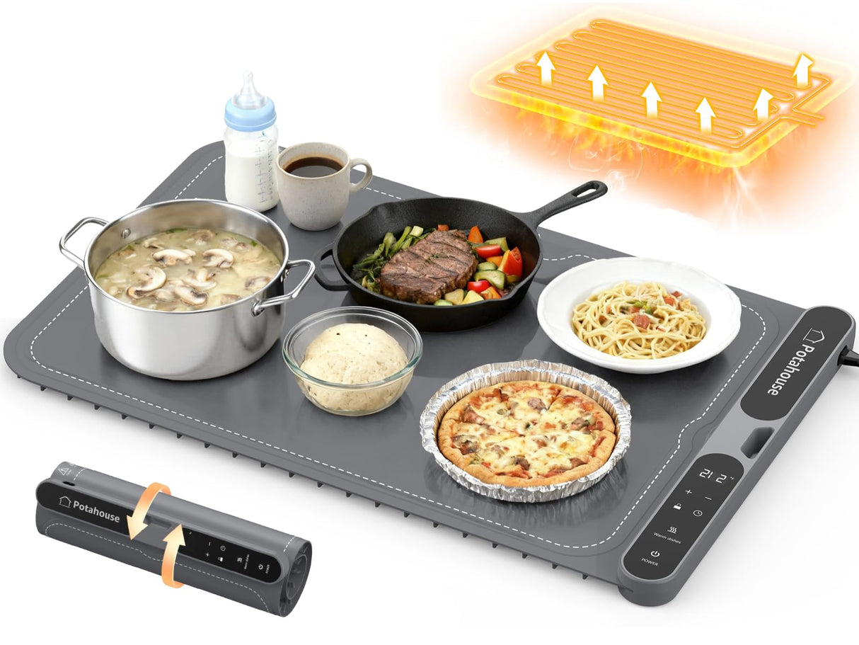 Potahouse Food Warming Mat, 5s Fast Heating,Electric Warming Tray with 7 Temp 8 Timer Settings,Rollable & Portable Food Warmer for Parties,Buffet,Home and Travel Use