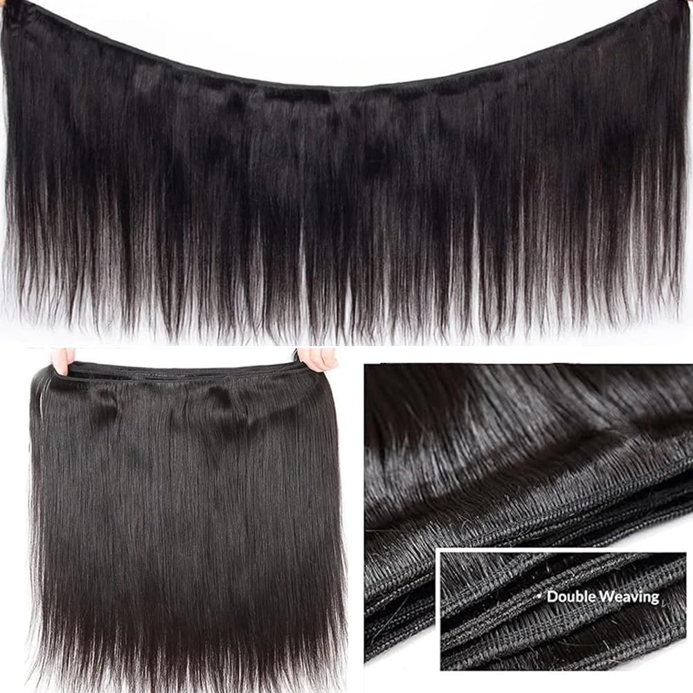 Brazilian Straight Bundles Human Hair 16 18 20 Inch, 12A Grade, 100% Unprocessed Virgin Human Hair Extensions, Natural Black (16-20)