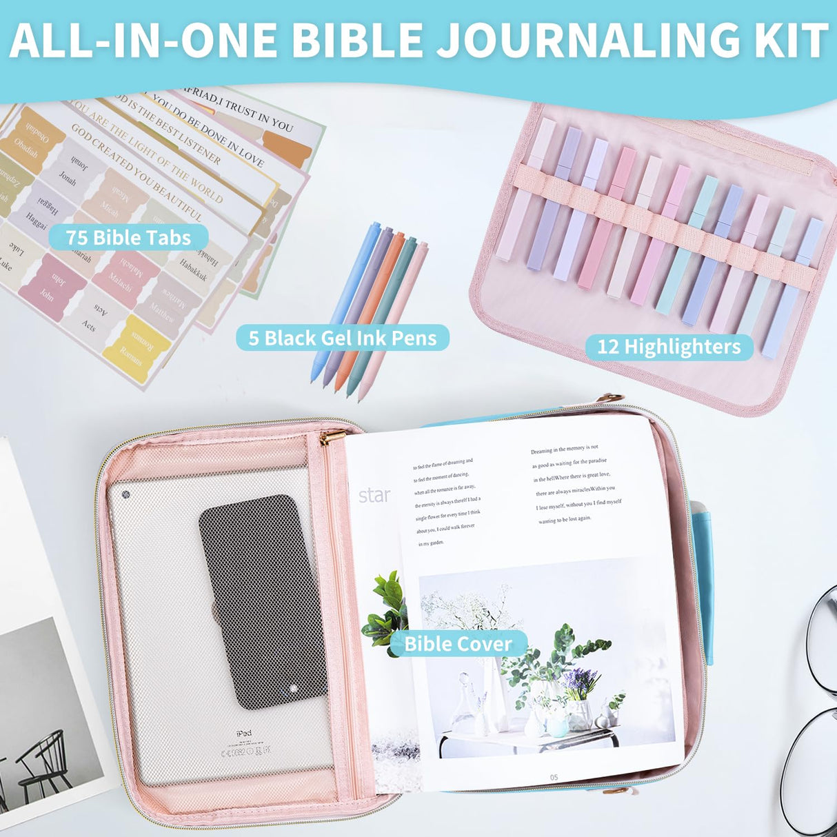 KOPKOFT Bible Cover Case for Women, Large Chenille Letter Leather Bible Case with Bible Study Accessories, Bible Study Supplies Bible Journaling Kit, Christmas Christian Gift for Women Girls (Blue)