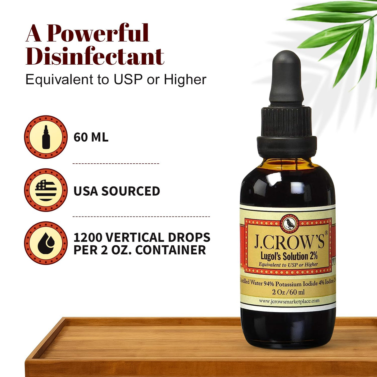 J.CROW'S® Lugol's Solution of Iodine 2% 2 oz (2 Bottle) – Premium Iodine & Potassium Iodide Liquid, Gluten &, Alcohol-Free Natural Brine Extract, No Expiration