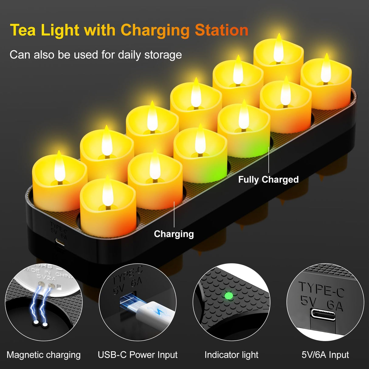 YiaMia 12 Pack Upgraded Rechargeable Tea Lights with Magnetic Wireless Charging Base, Flameless LED Candles with Remote and Timer, 100+H Battery Operated Candles for Votive Wedding Halloween Christmas