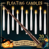 TLPUHU Floating Candles with Wand 20PCs -Halloween Magic Hanging Flameless Candles Taper Candles with Remote for Christmas Window Home Bedroom Birthday Party Decorations