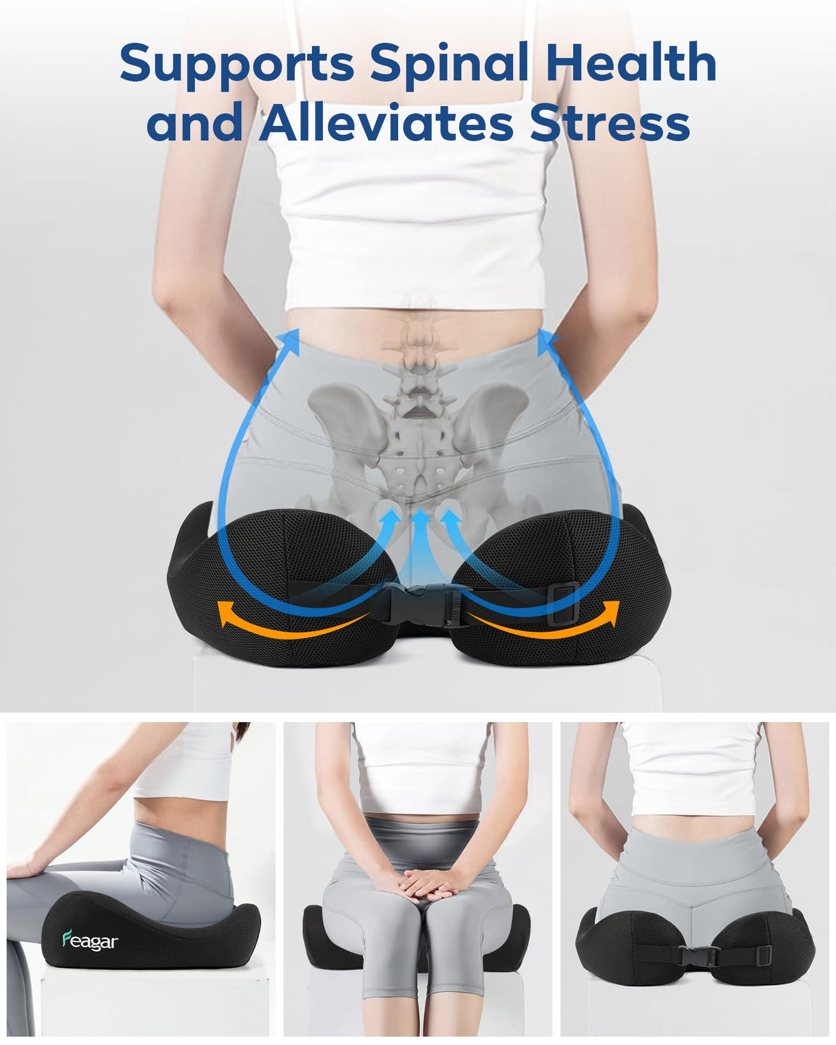 Feagar Large Ergonomic Seat Cushion - Thick Full Wrap Memory Foam Office Chair Cushion for Tailbone Pain Relief, Coccyx Cushion with Non-Slip Pad for Desk Chair, Wheelchair, Car Seat Long Sitting