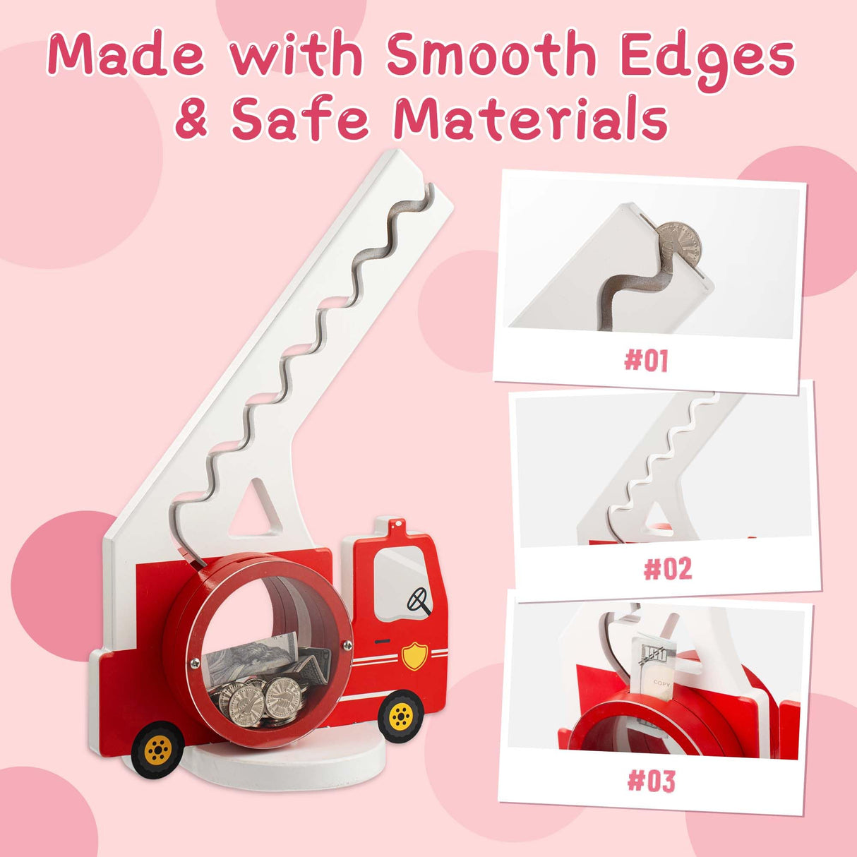 AORCMITN Wooden Fire Truck Piggy Bank for Boys Kids Girls Clear Big Belly Animal Coin Bank for Toddler Birthday Christmas Real Money Toy