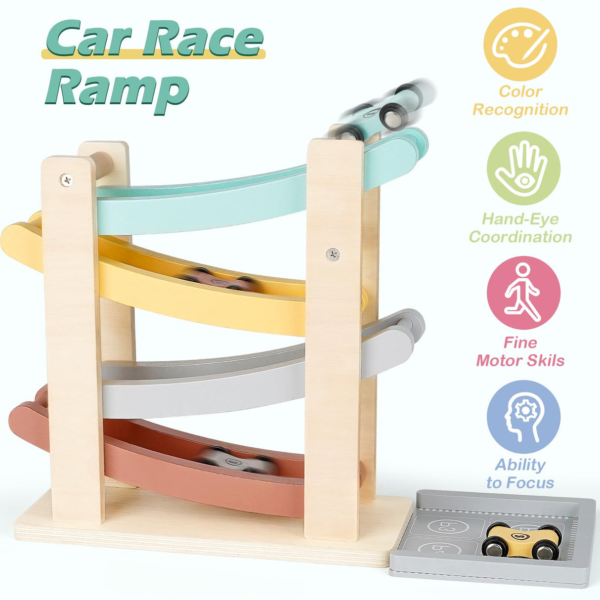 Car Ramp Toys for One Year Old Boy Birthday Gifts, Wooden Montessori Toys for 1 2 Year Old, Race Track Truck Toy with 4 Mini Cars/1 Parking Lot, First Christmas Birthday Gifts for Toddlers 1-3-2-4